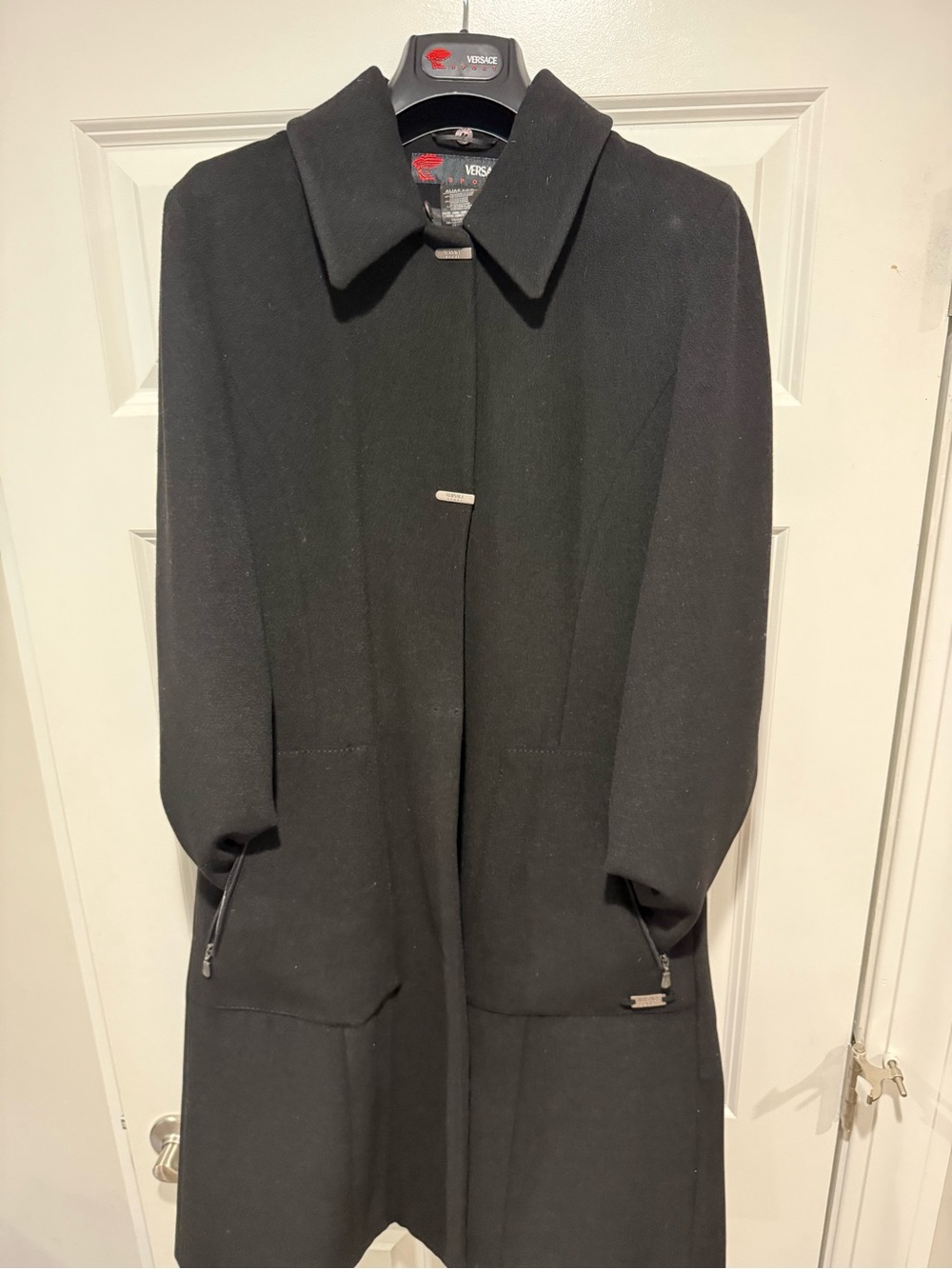 Versace Black Wool-Blend Long Coat with black fox fur removable collar